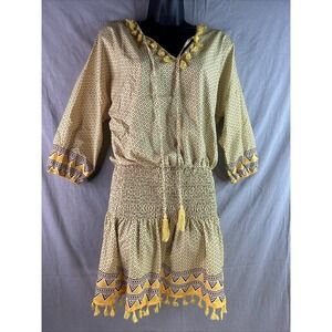 Unbranded Dress Women sz M Mini Boho Yellow print 3/4 Sleeve V Neck Tasseled